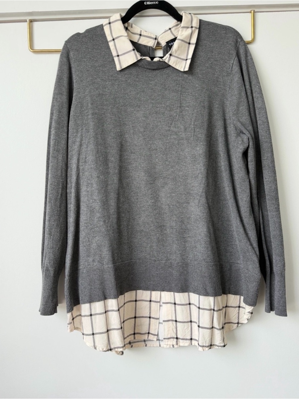 Torrid Gray Sweater with Cream Plaid Shirt Collar